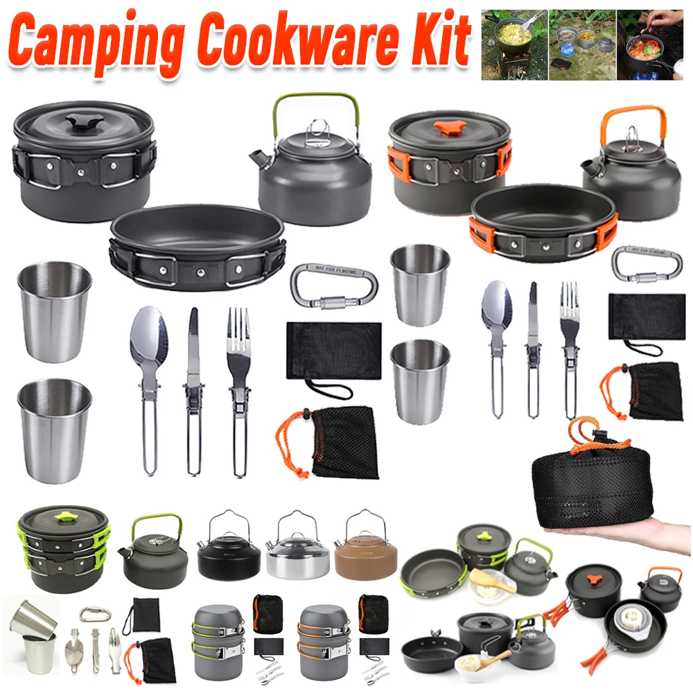 Camping Cooking Set Stainless Steel - Набор походной посуды: чайник, кастрюля, сковорода,