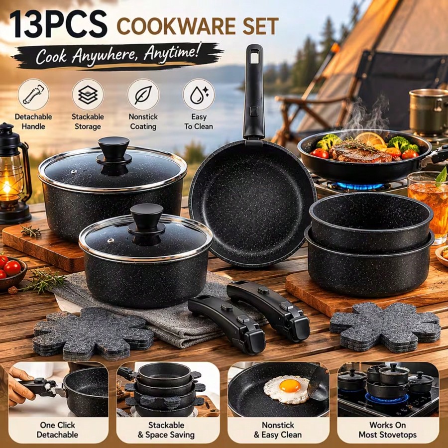 Camping Cooking Pots And Pans Set - Премиум-набор из 13 предметов антипригарной посуды