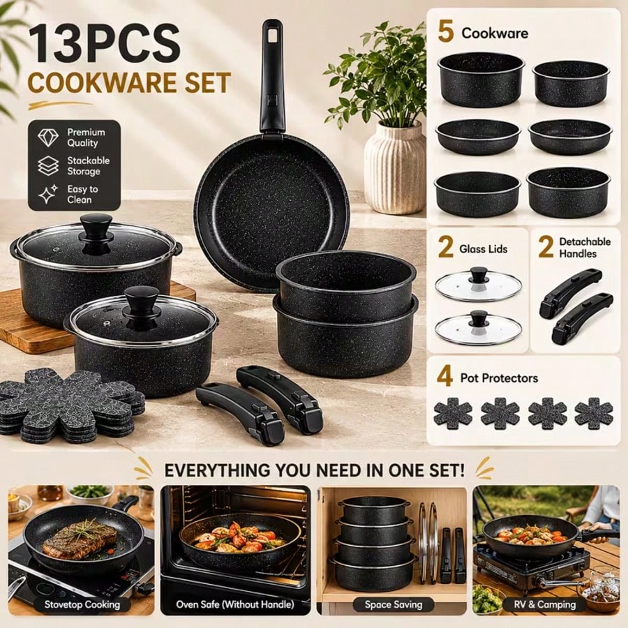 Премиум-набор из 13 предметов  – обзор и цена Camping Cooking Pots And Pans Set